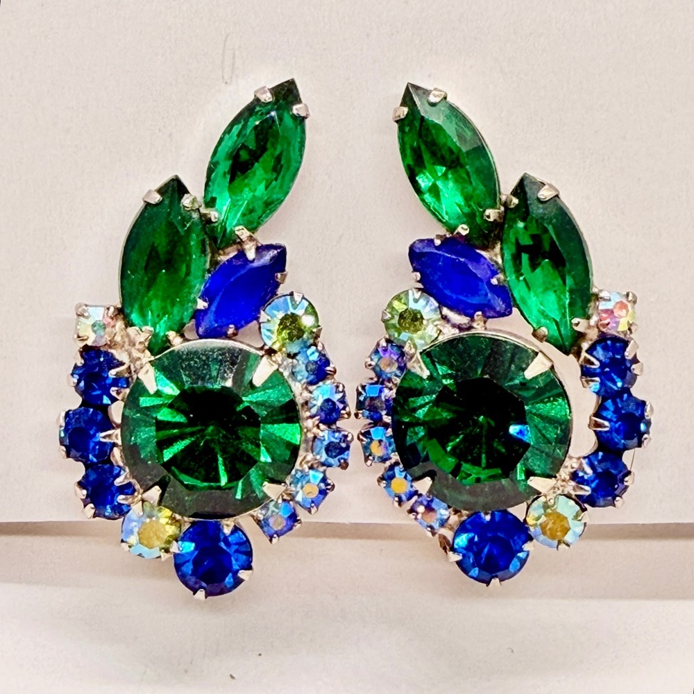 Verified Juliana DeLizza & Elster Sky Blue & Green Rhinestone‎ Clip On Earrings